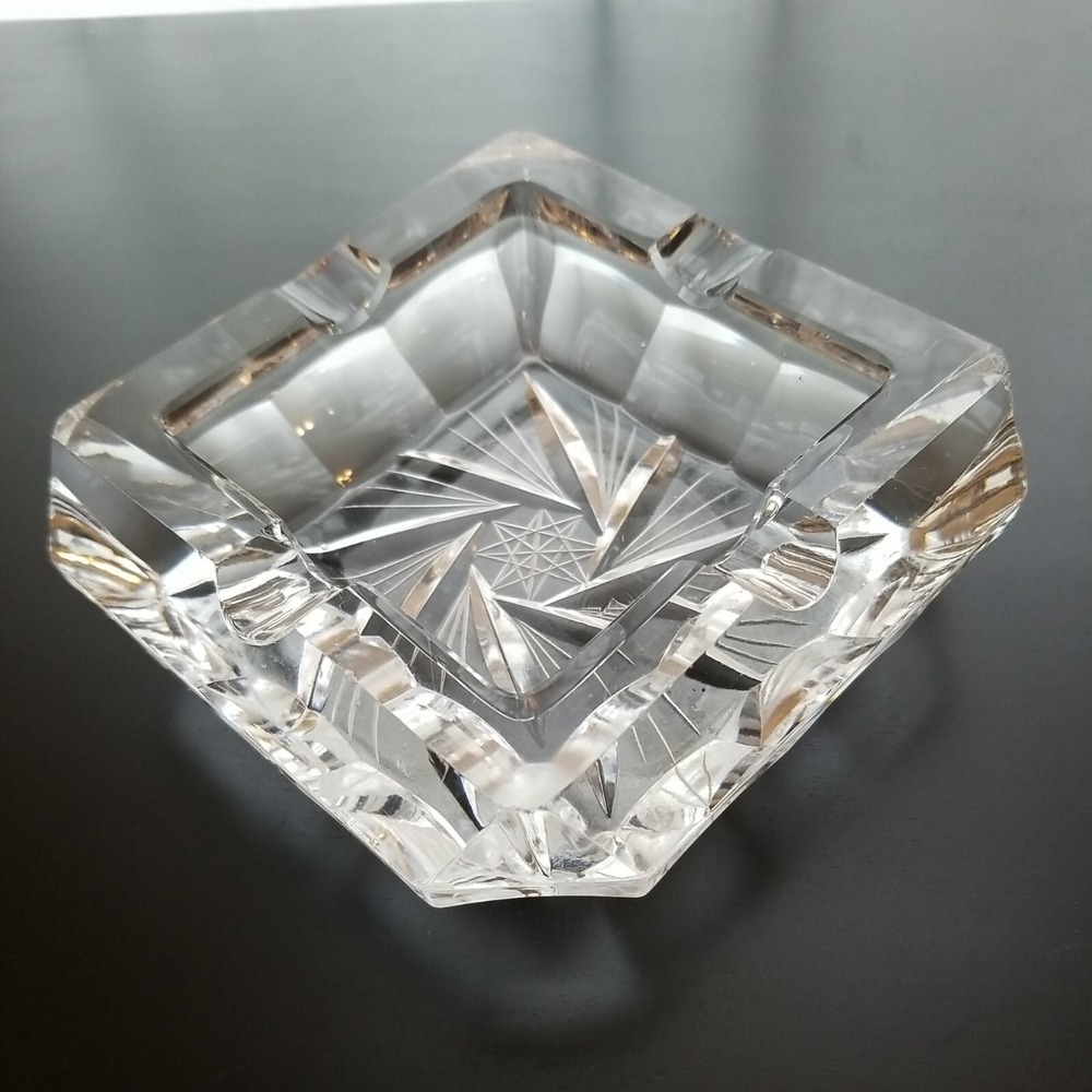 Vintage‎ Beveled Etched Clear Glass Ashtray 5x5" MCM HEAVY